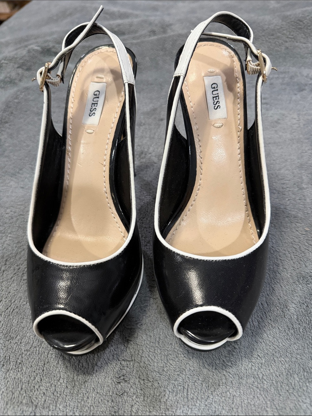 GUESS Black and White Peep-Toe Slingback Heels with Ankle Buckle